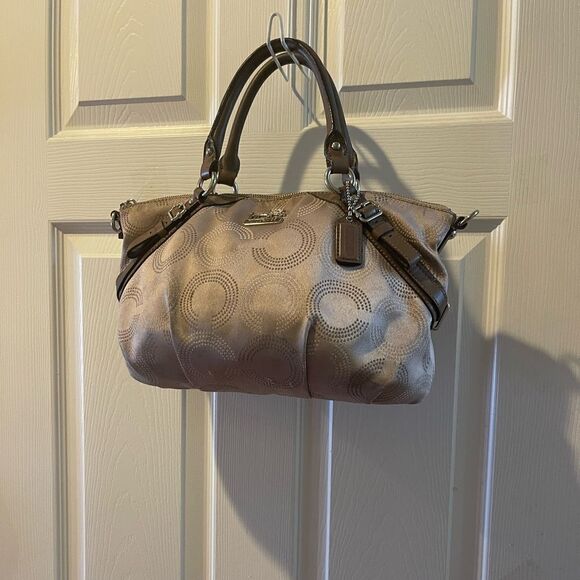 COACH MADISON DOTTED OP ART SOPHIA fabric Khaki Medium SATCHEL leather straps - Picture 1 of 15